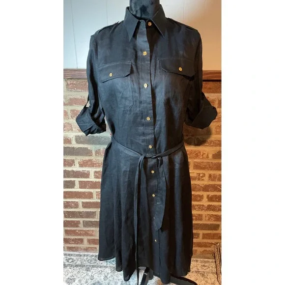 Lauren RL Fit and Flare Black Linen Button Front Belted Shirt Dress  Midi Sz L - Picture 3 of 12